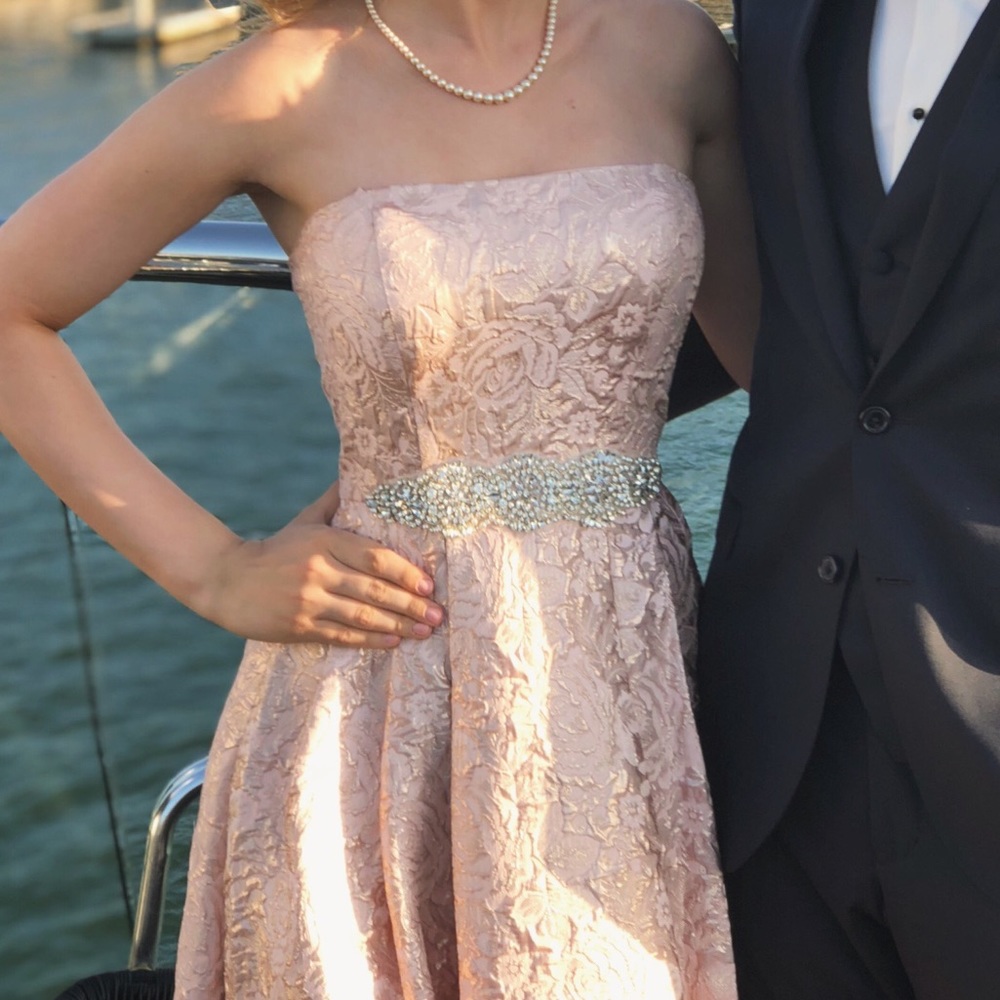 Metallic Jacquard Bejeweled High-Low Dress